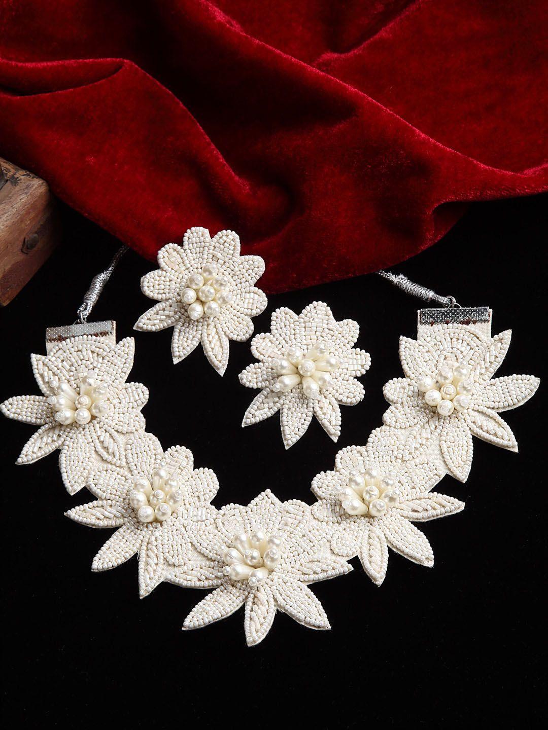 sargi silver-plated off white stone-studded & beaded embroidered floral jewellery set