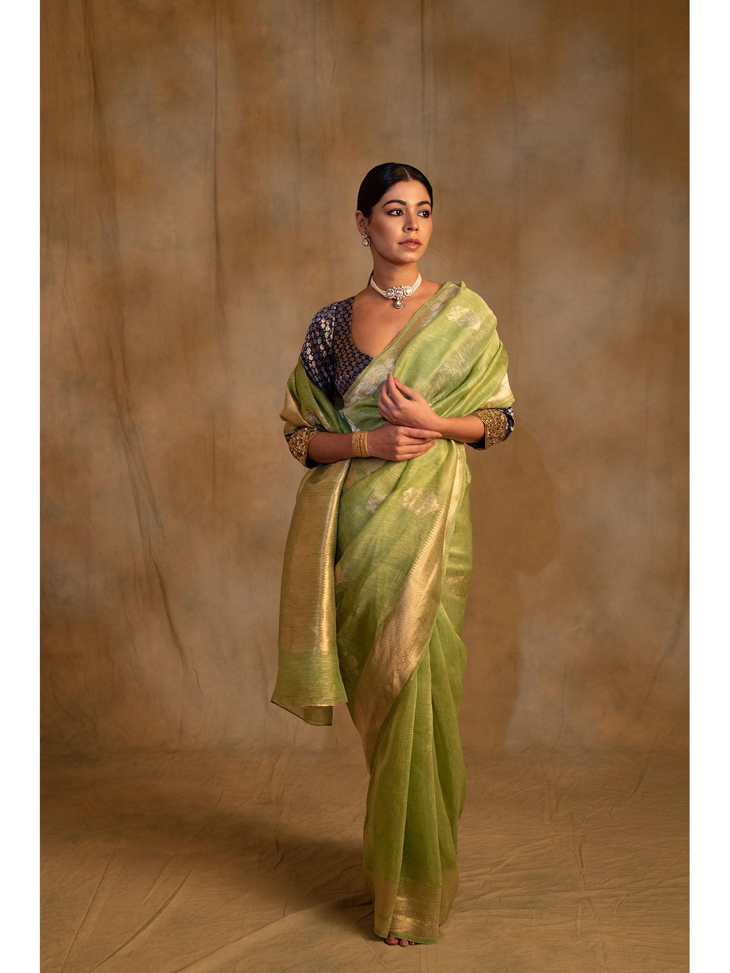 sarhul sagee green linen-silk organza saree with unstitched blouse