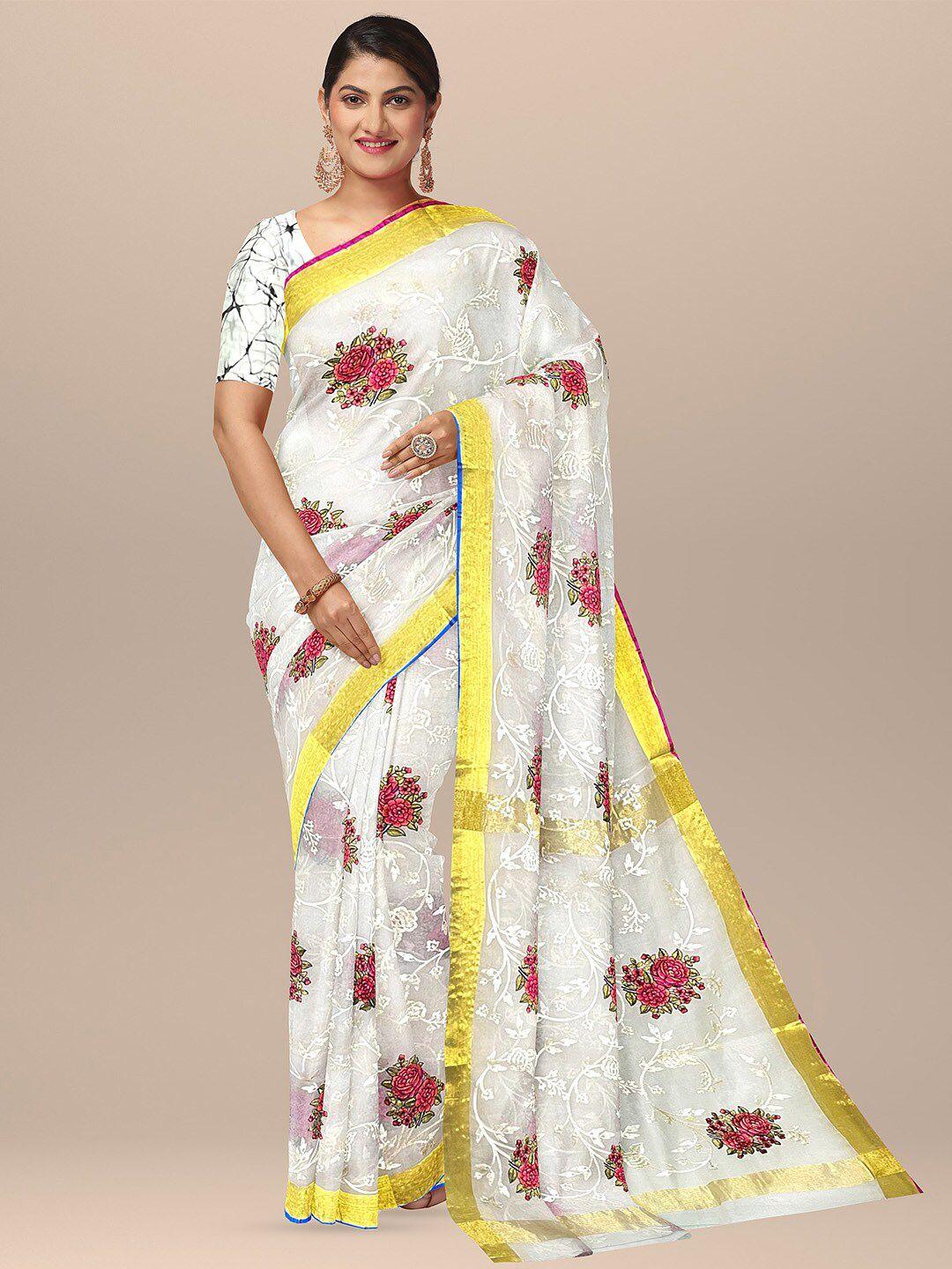 sarika floral printed embroidered zari pure silk saree