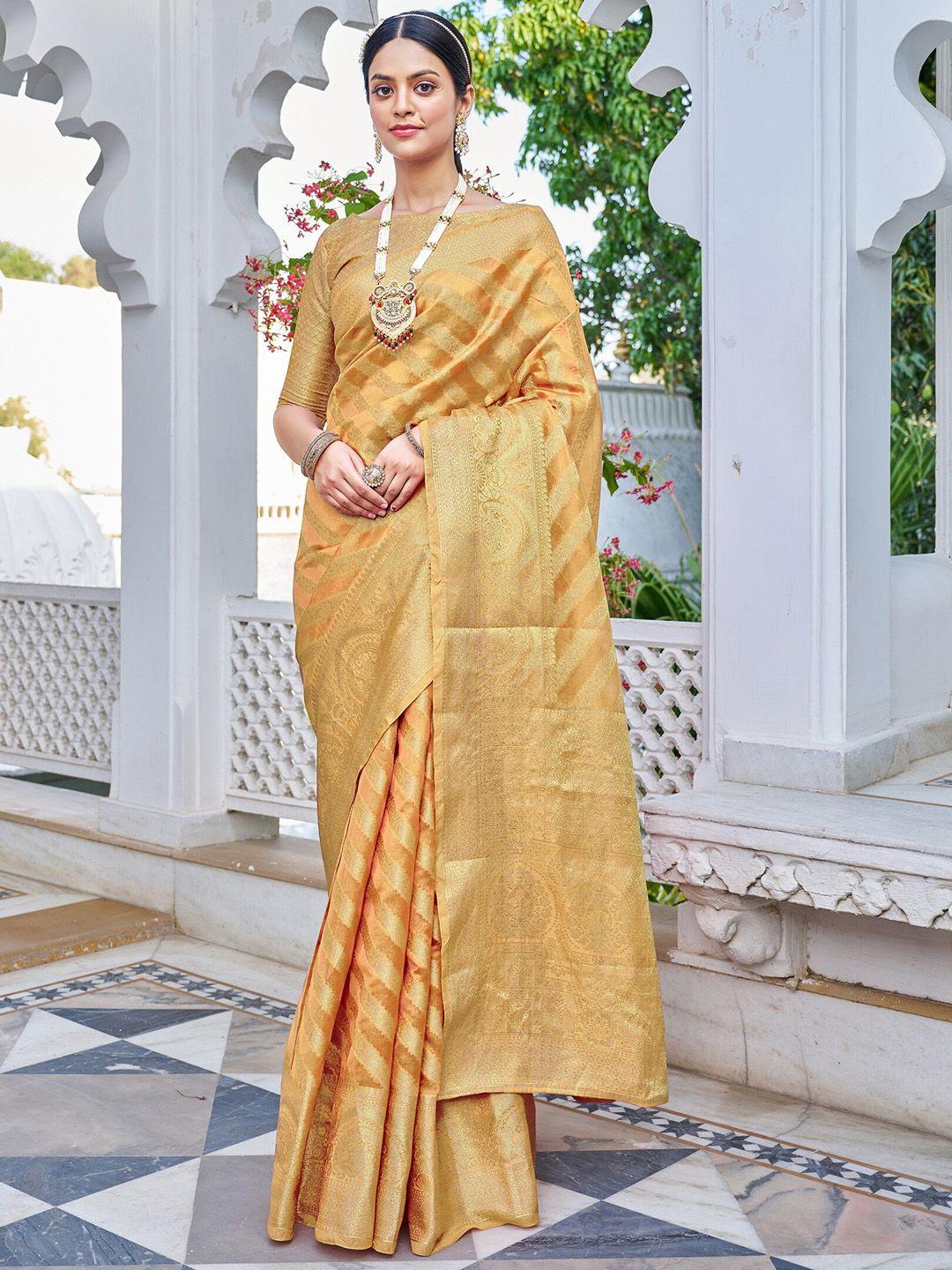 sariya peach-coloured & gold-toned woven design zari organza banarasi saree