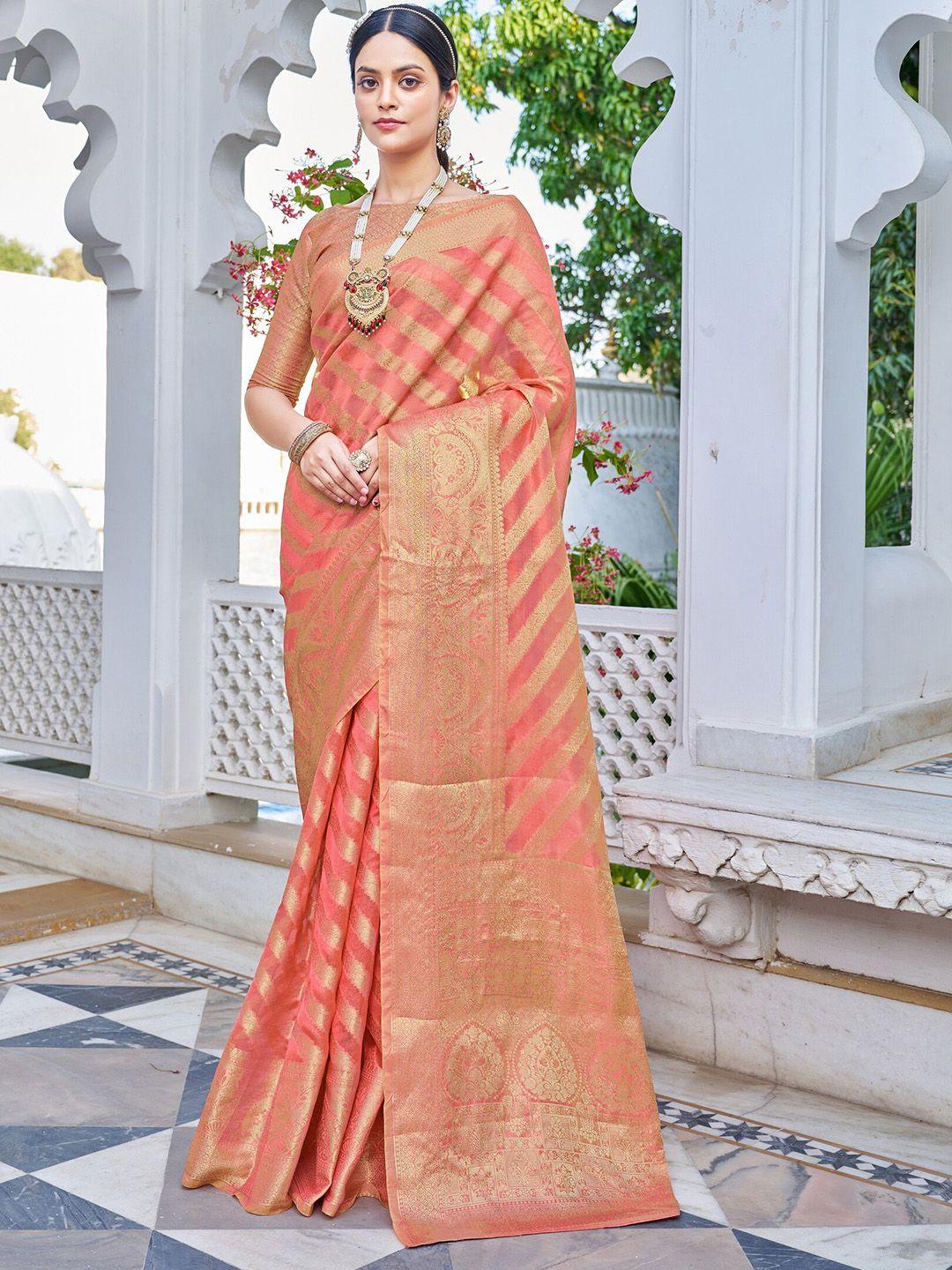 sariya pink & gold-toned woven design zari organza banarasi saree