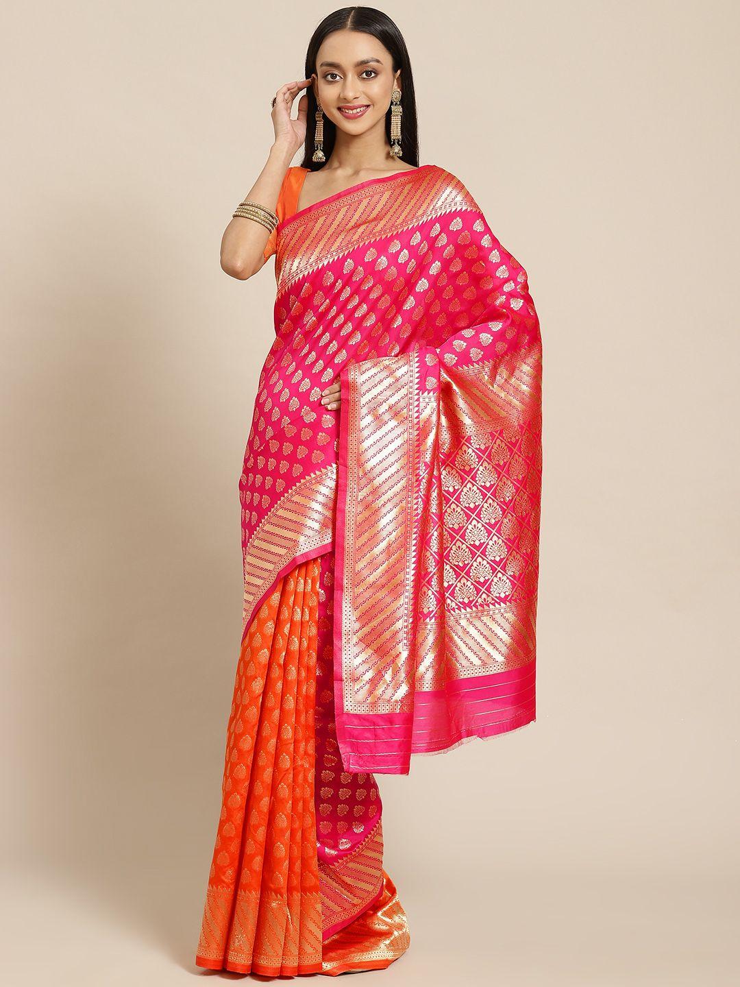 sariya pink & orange woven design silk blend banarasi saree