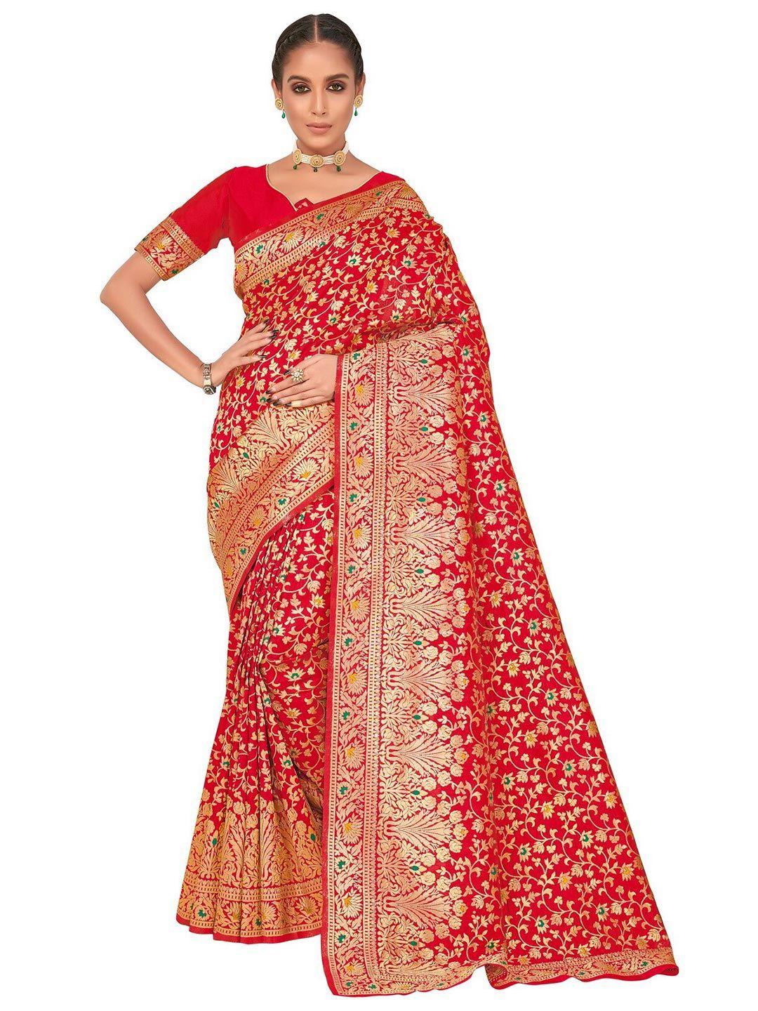 sariya red & gold-toned floral zari silk blend banarasi saree