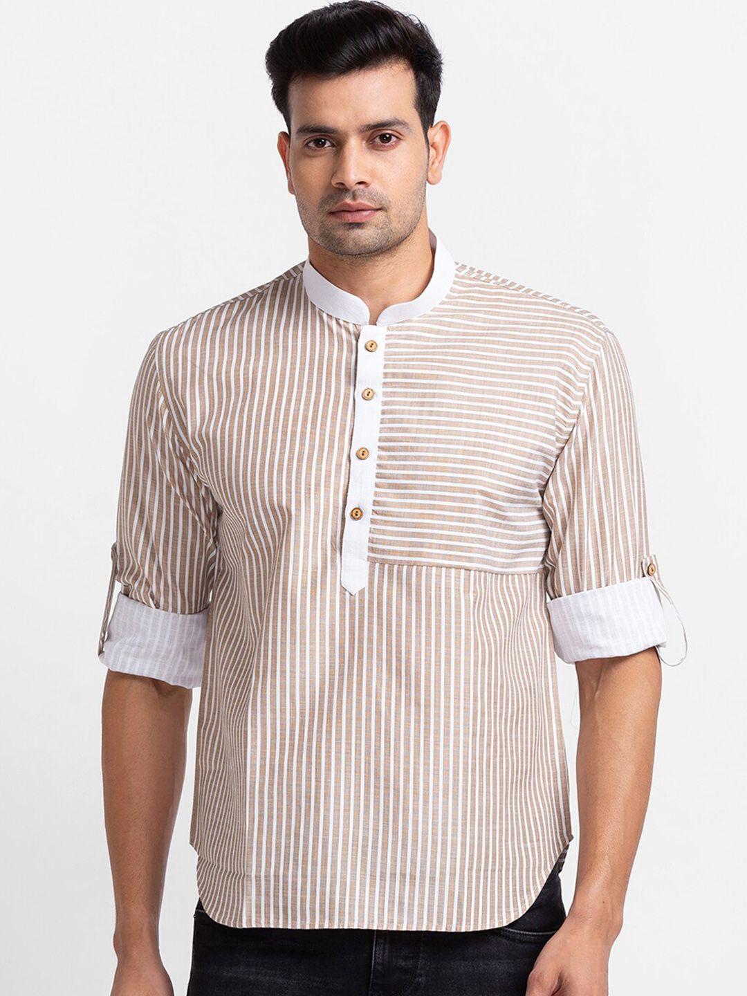 sarvamohan men brown striped short cotton kurta