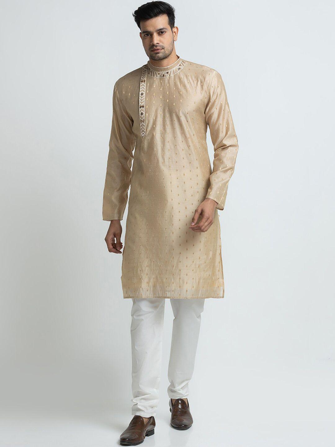 sarvamohan men brown & white embroidered kurta with churidar