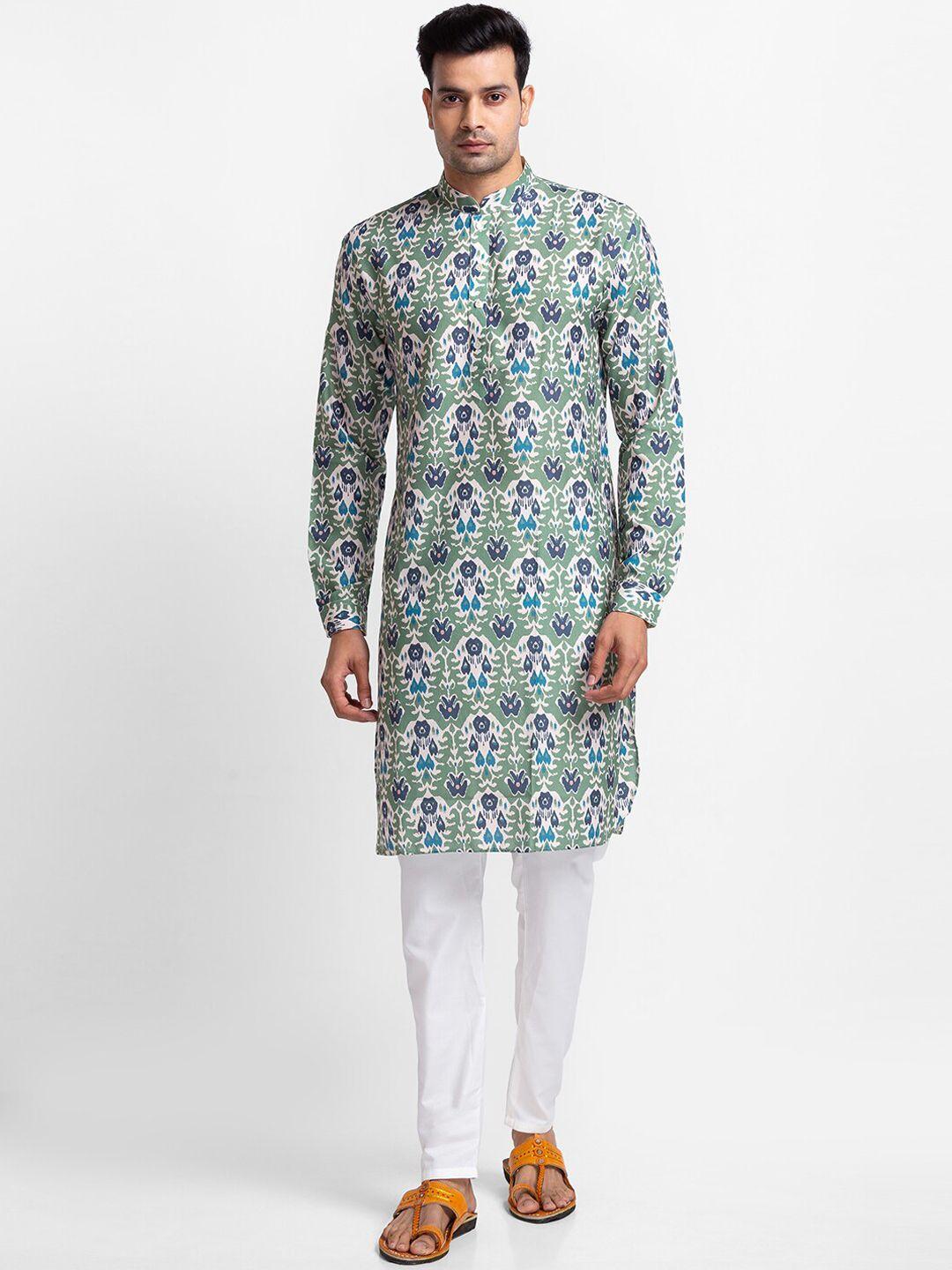 sarvamohan men green ethnic motifs printed kurta with pyjama set