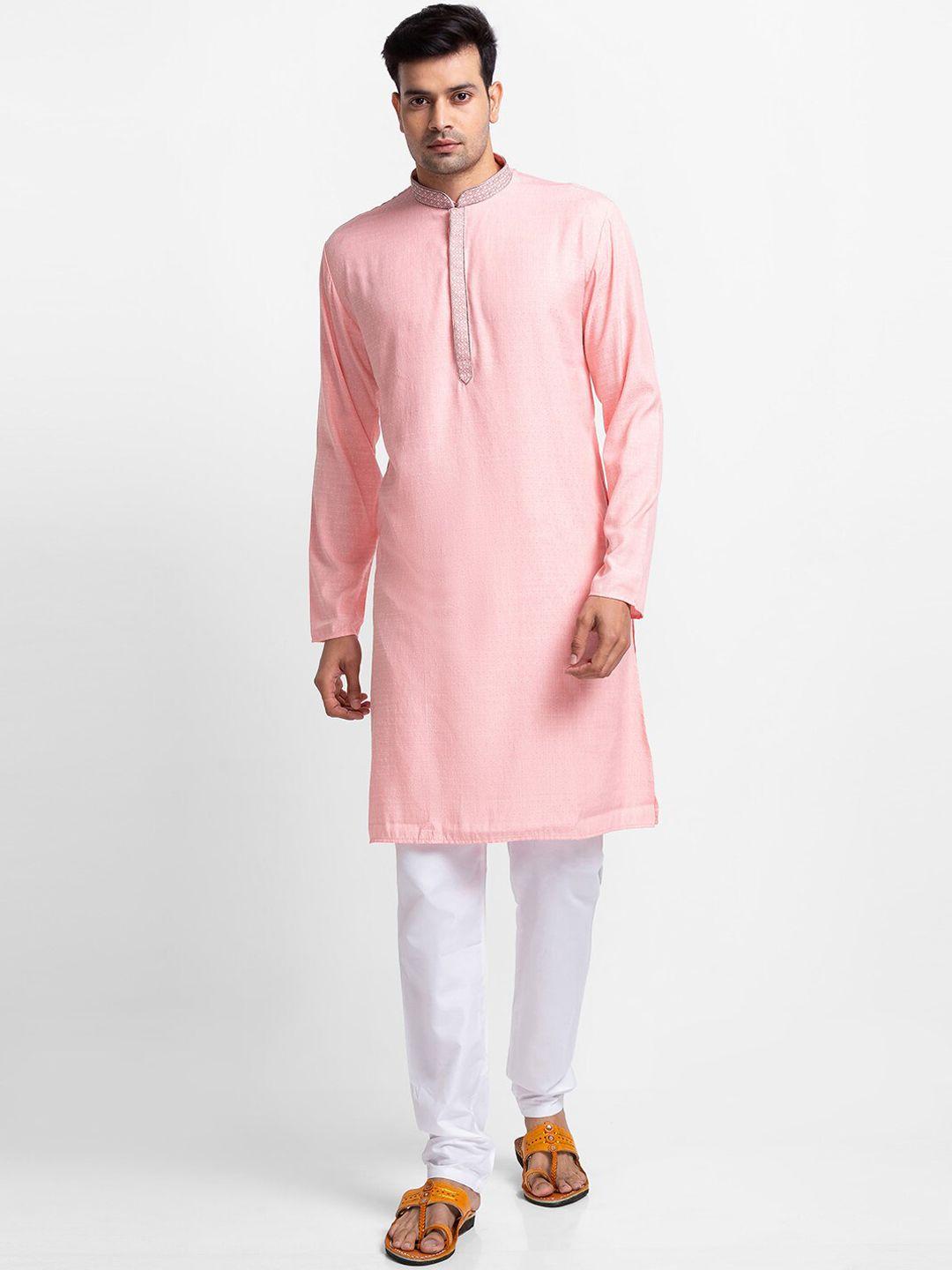 sarvamohan men peach-coloured woven design kurta with churidar