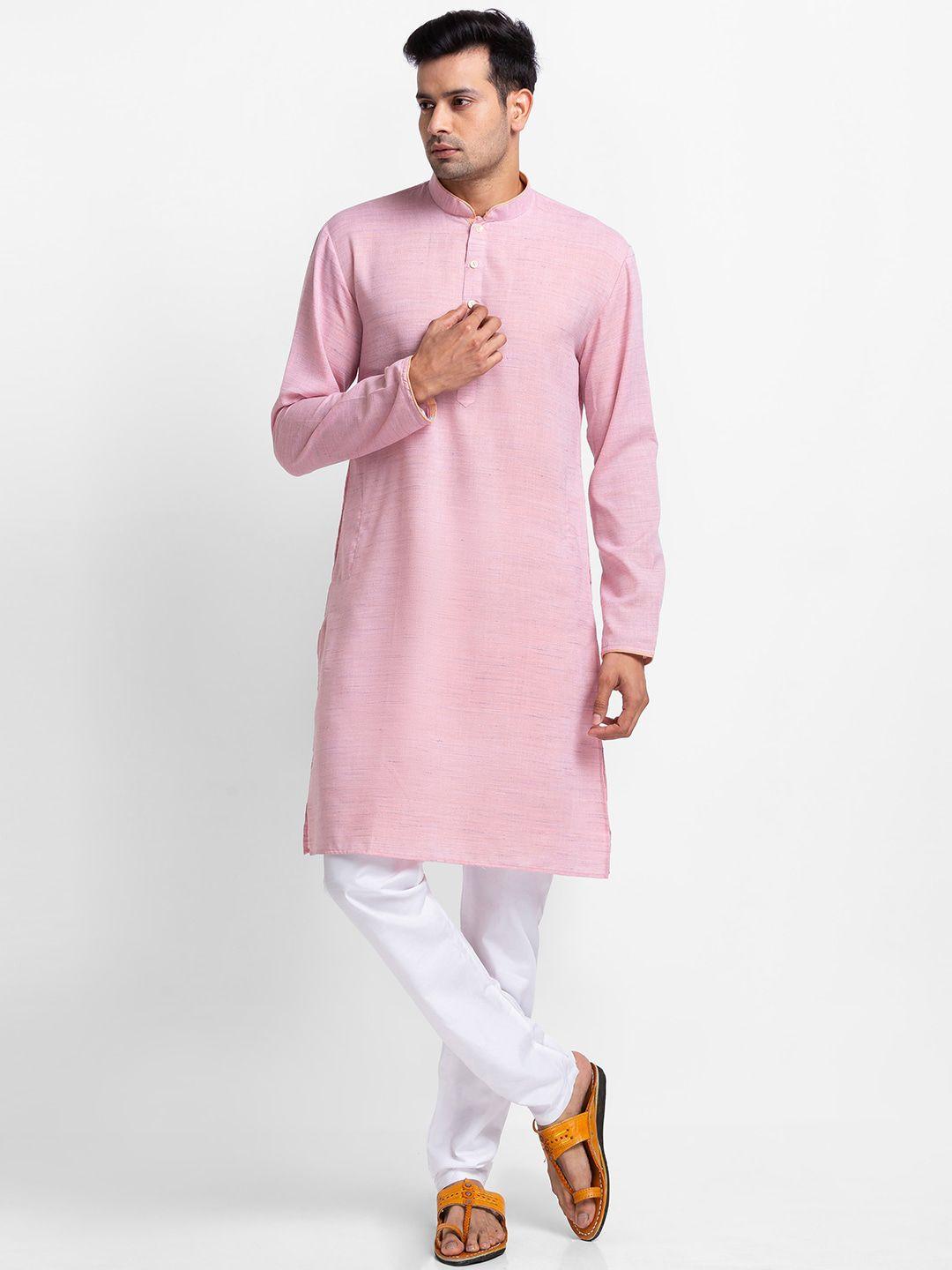 sarvamohan men pink solid regular kurta with churidar