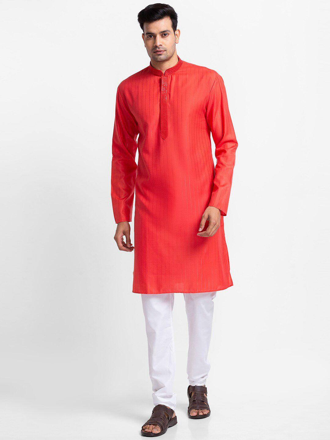 sarvamohan men red & white striped kurta with churidar