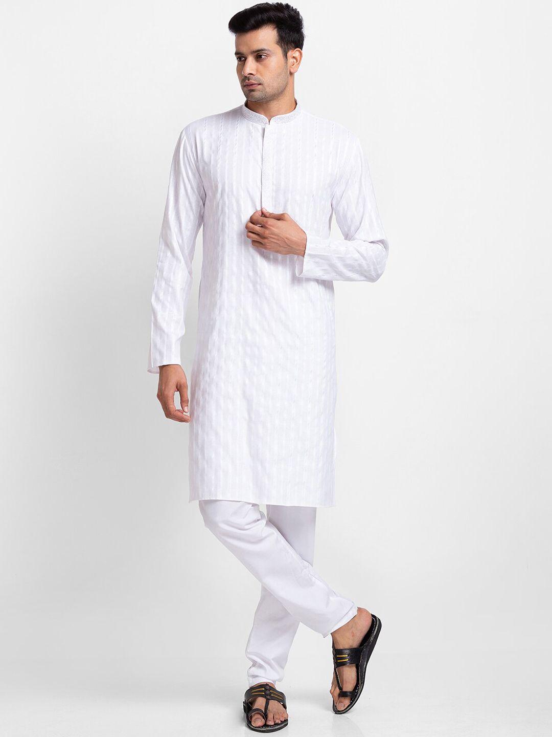 sarvamohan men white woven design kurta with churidar