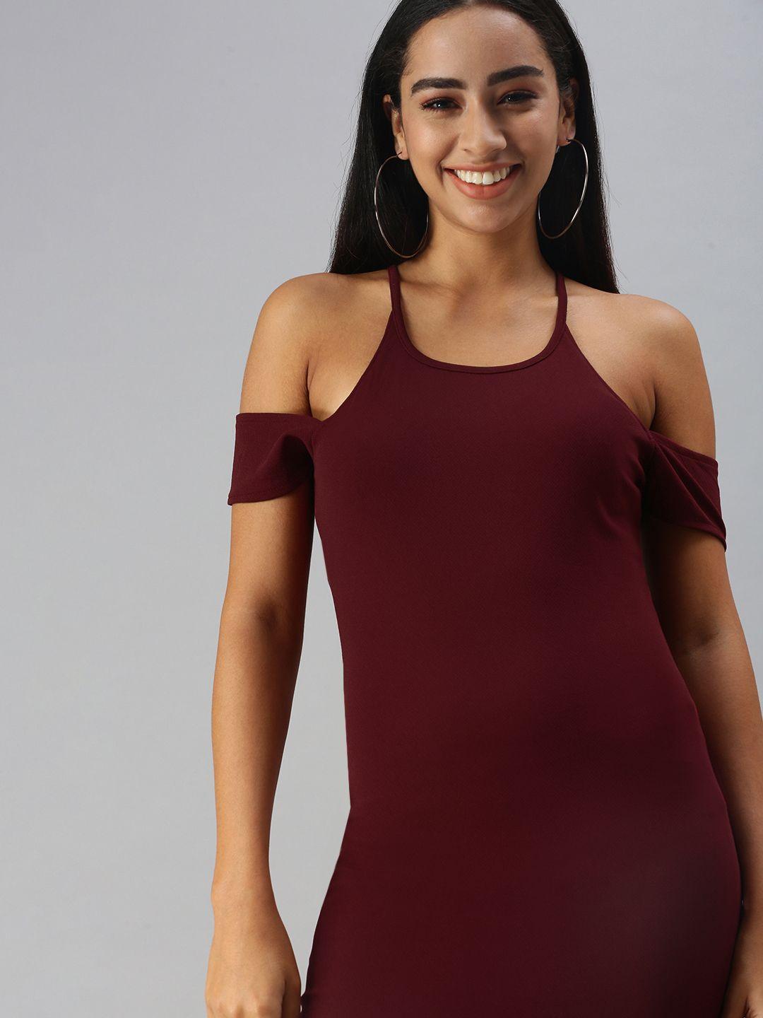 sasimo maroon solid cold-shoulder sleeves fitted top