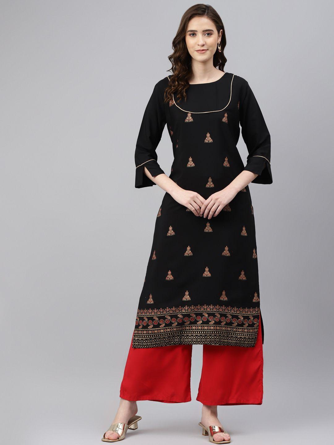 sasimo women black & golden ethnic motifs printed kurta