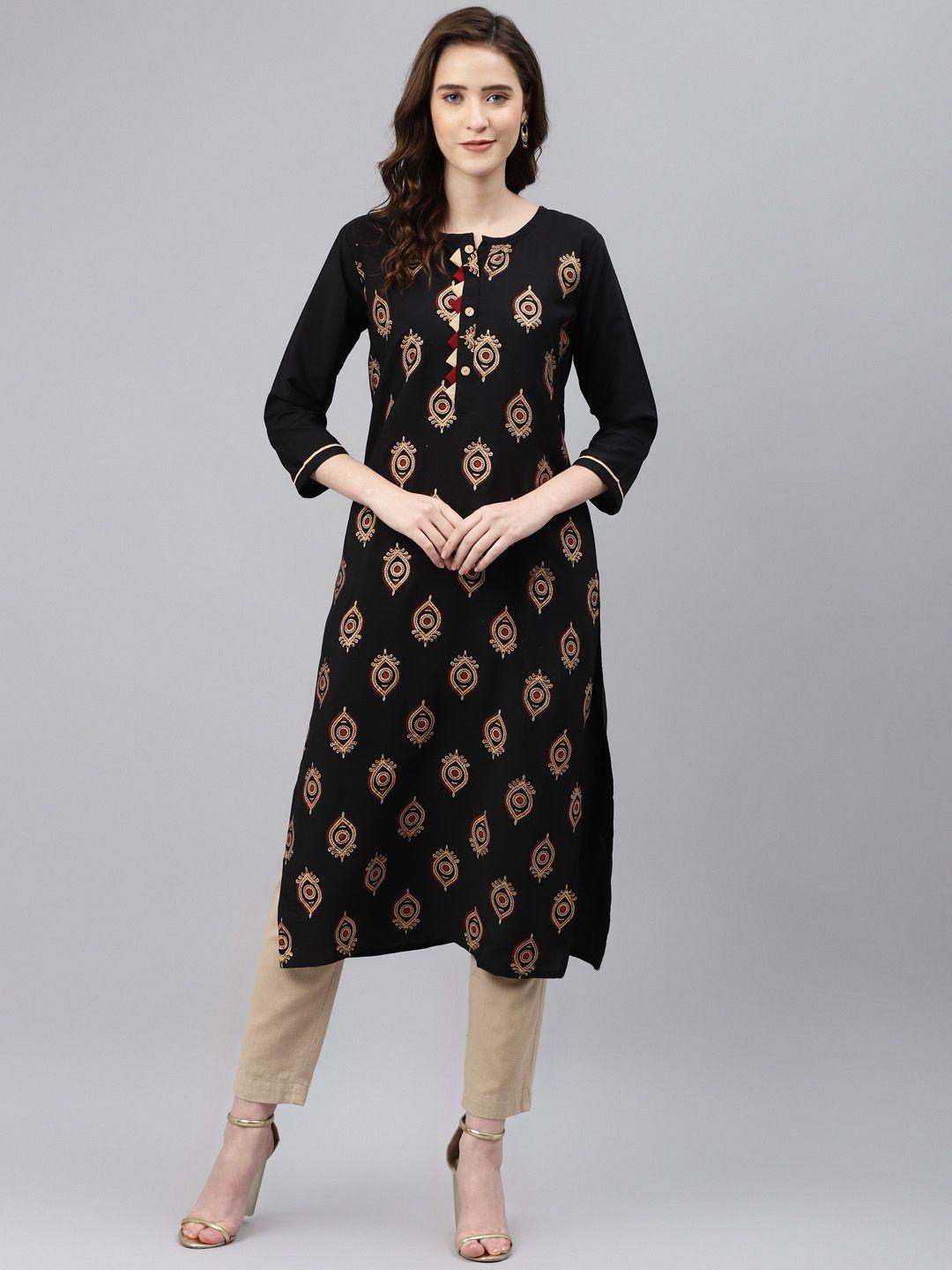 sasimo women black & golden ethnic motifs printed kurta