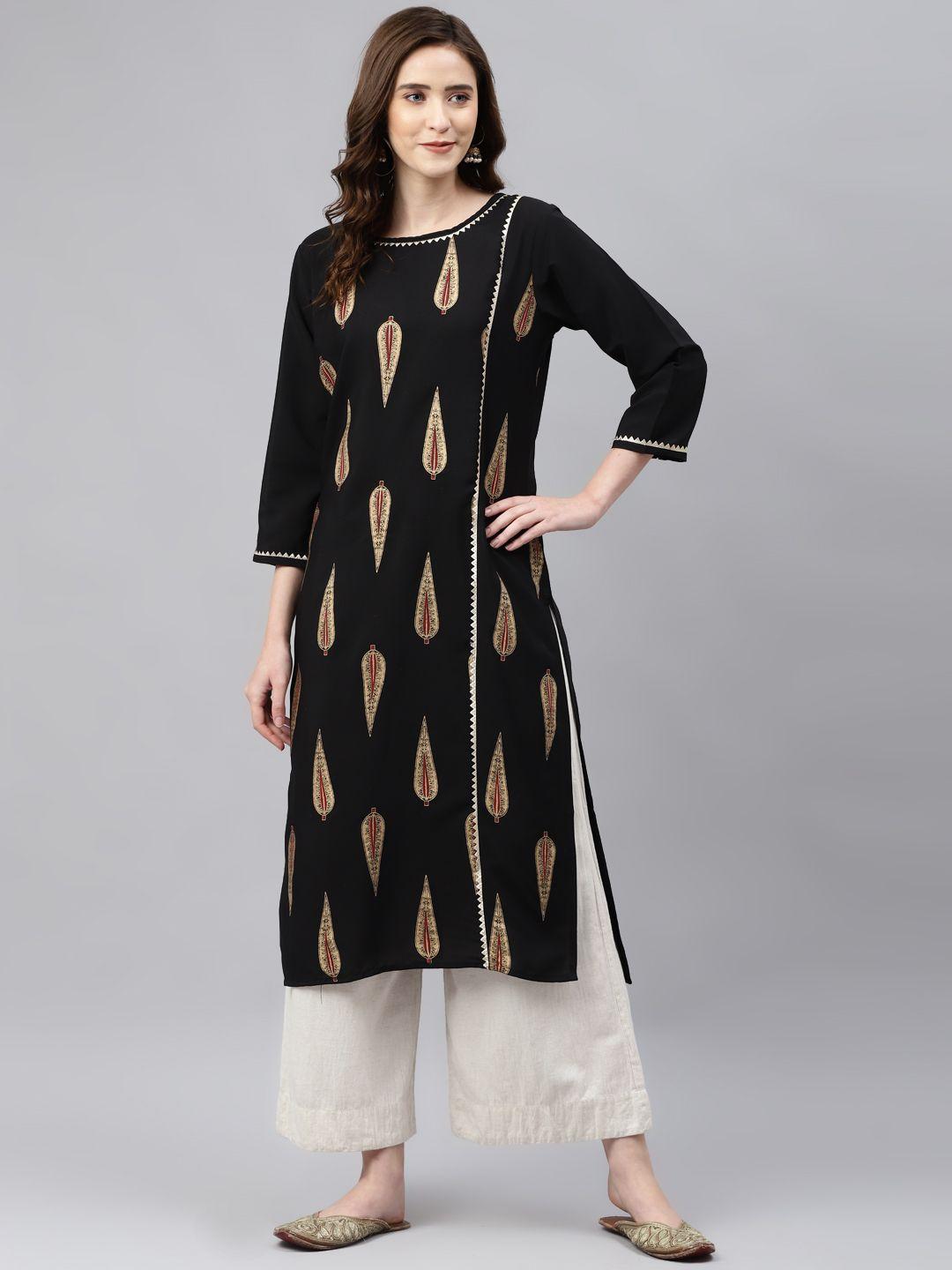 sasimo women black & golden floral printed kurta