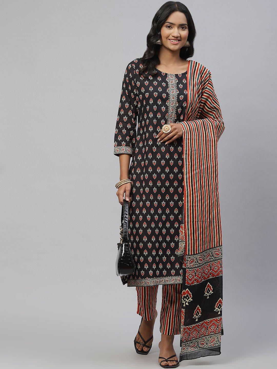 sasimo women black & orange ethnic motifs printed gotta patti kurta set