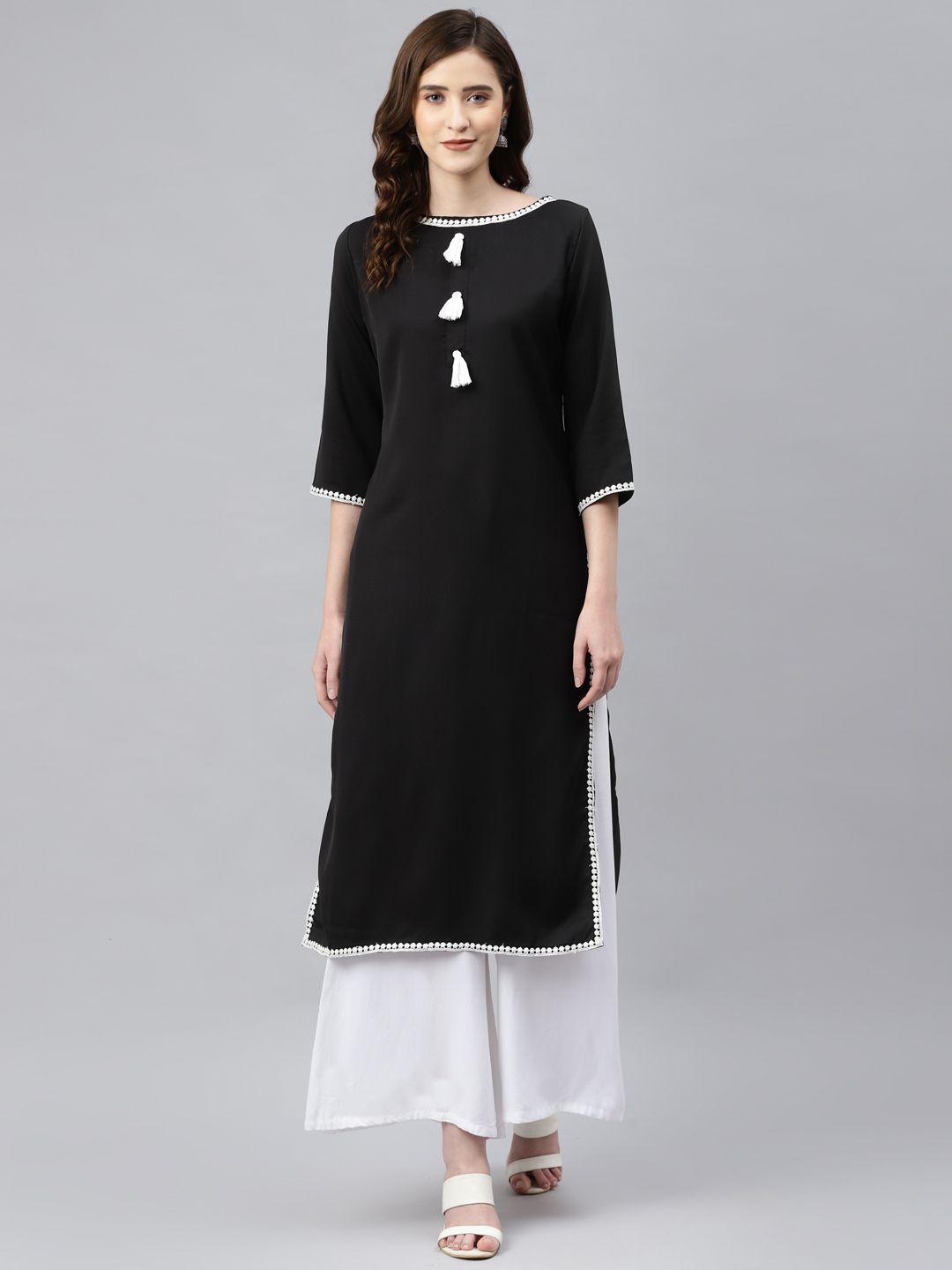 sasimo women black solid kurta with tassel detail