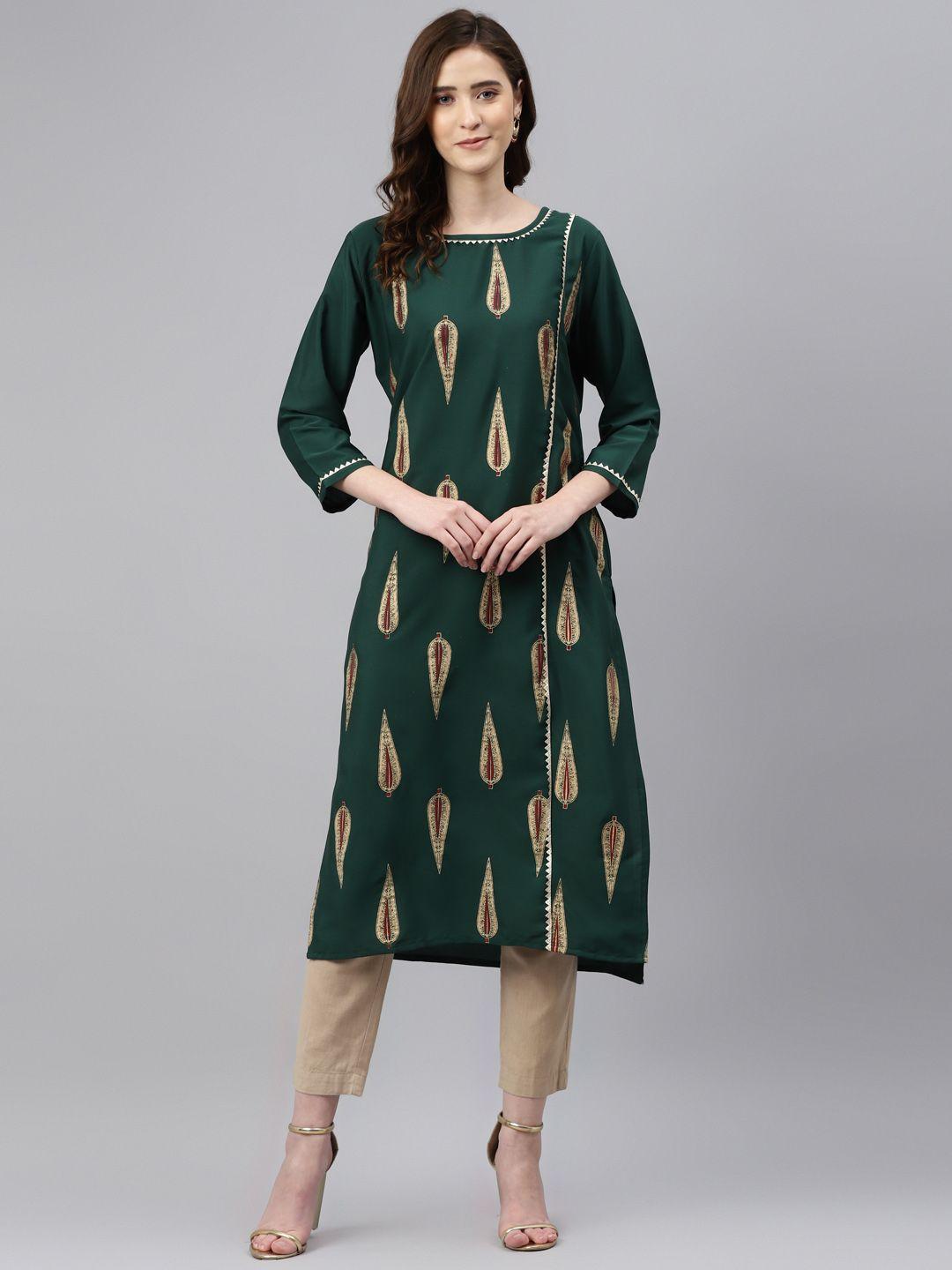 sasimo women green & golden floral printed kurta