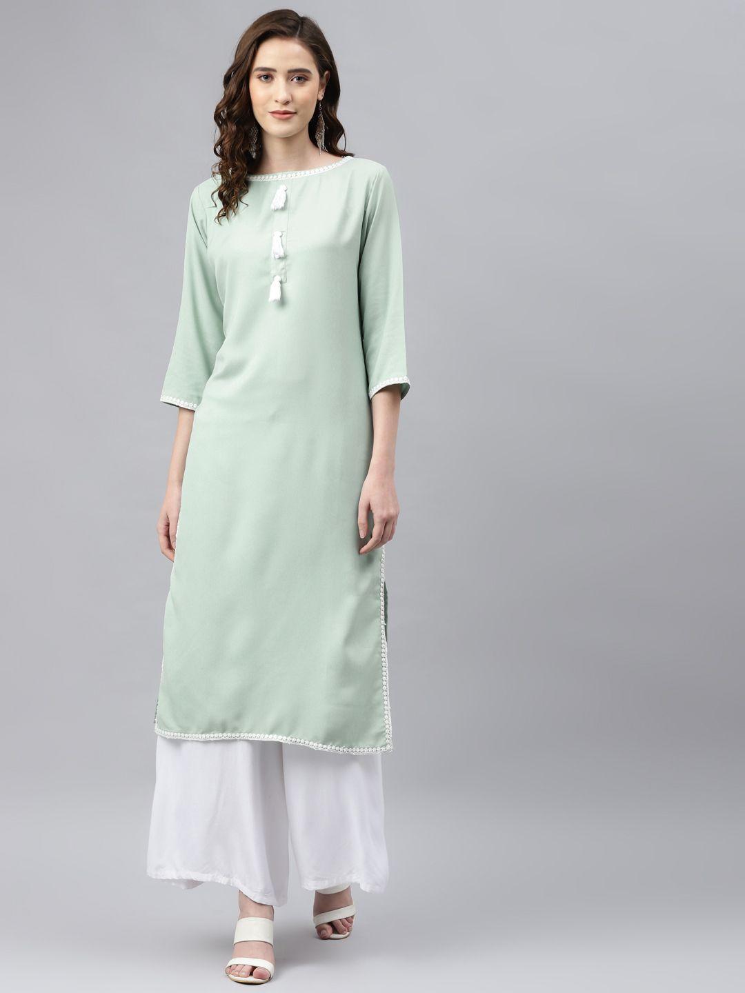 sasimo women green solid kurta with tassel detail