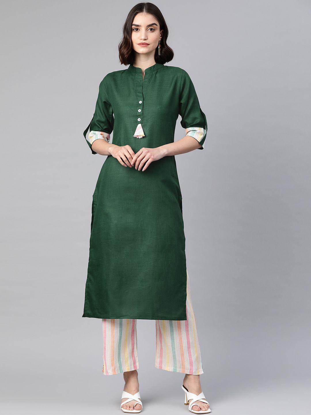 sasimo women green solid regular thread work viscose rayon kurta with trousers
