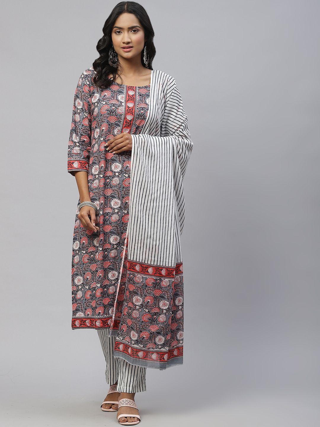 sasimo women grey & peach-coloured ethnic motifs printed gotta patti pure cotton kurta set