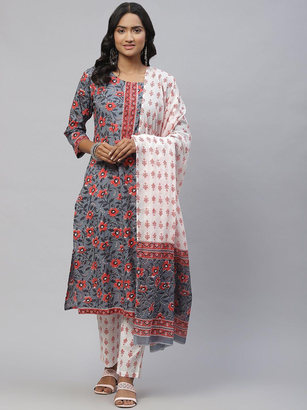 sasimo women grey floral printed gotta patti pure cotton kurta with trousers & with dupatta