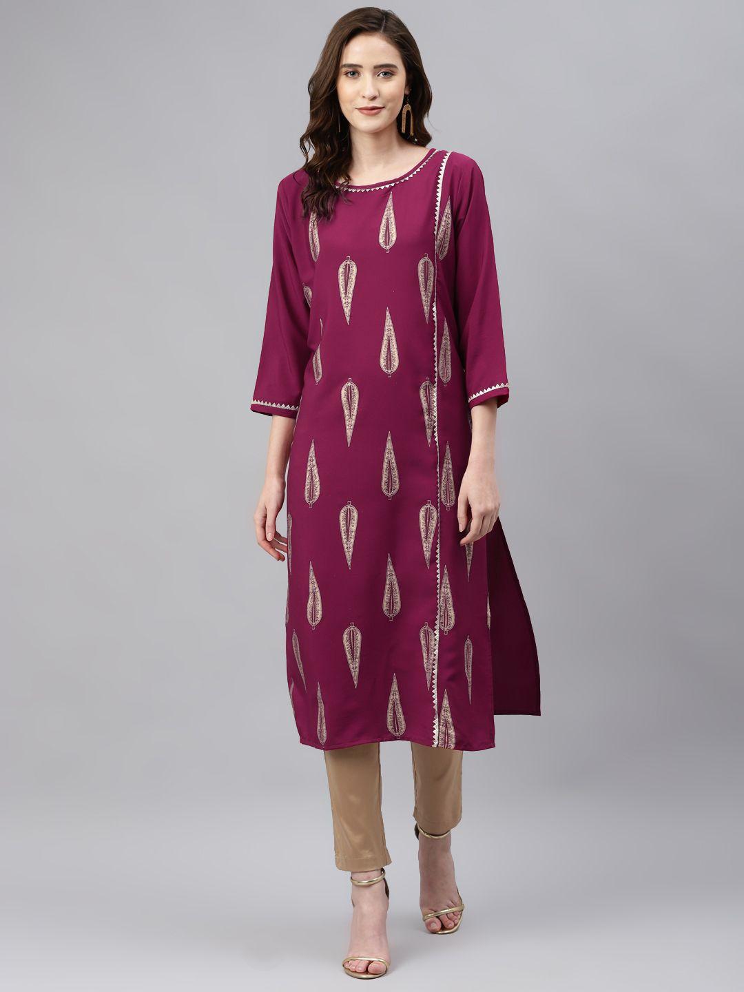 sasimo women magenta & golden floral printed gotta patti kurta