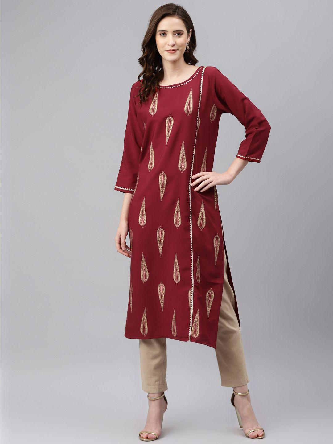 sasimo women maroon & golden floral printed kurta