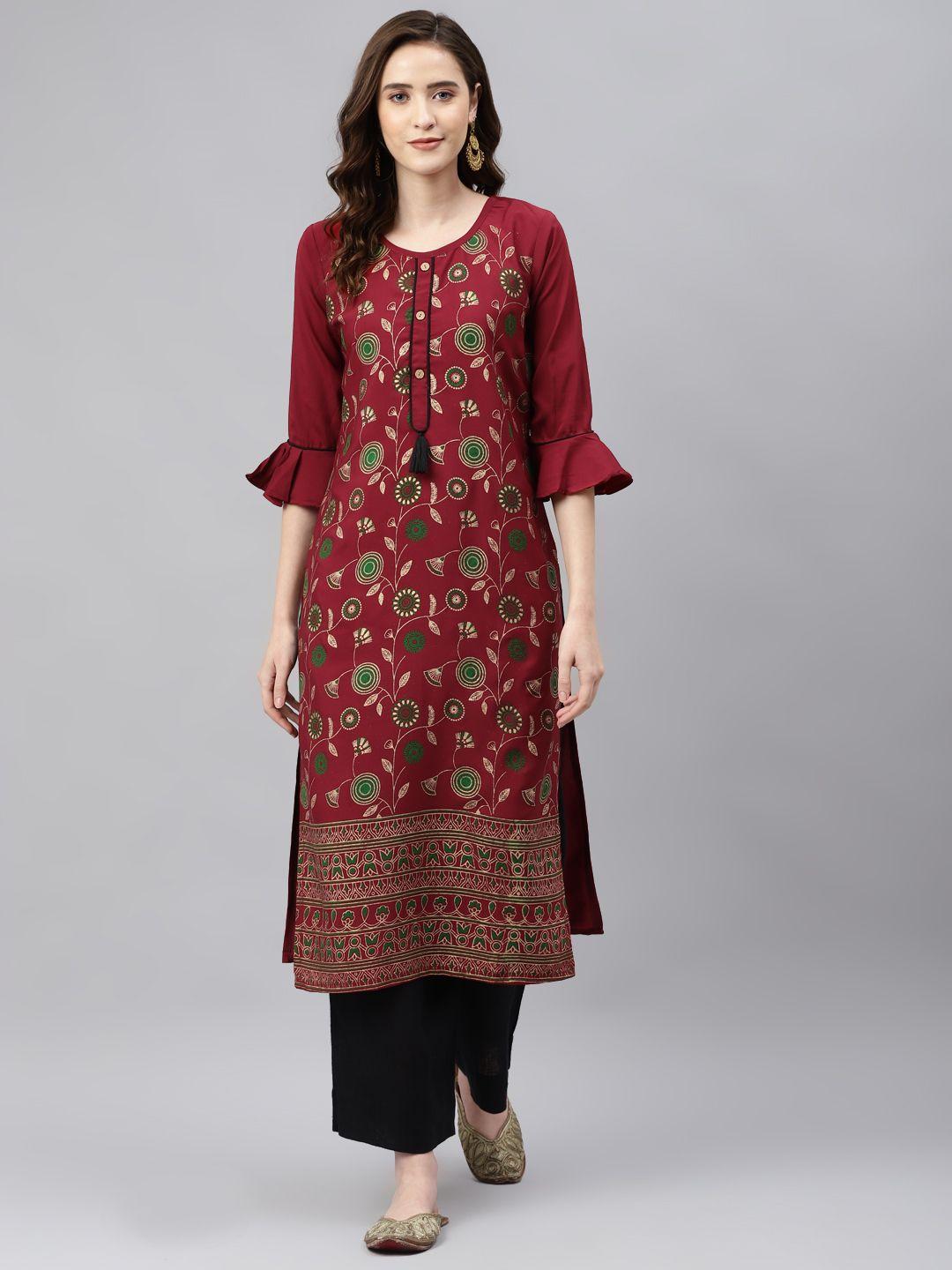 sasimo women maroon ethnic motifs print thread work kurta
