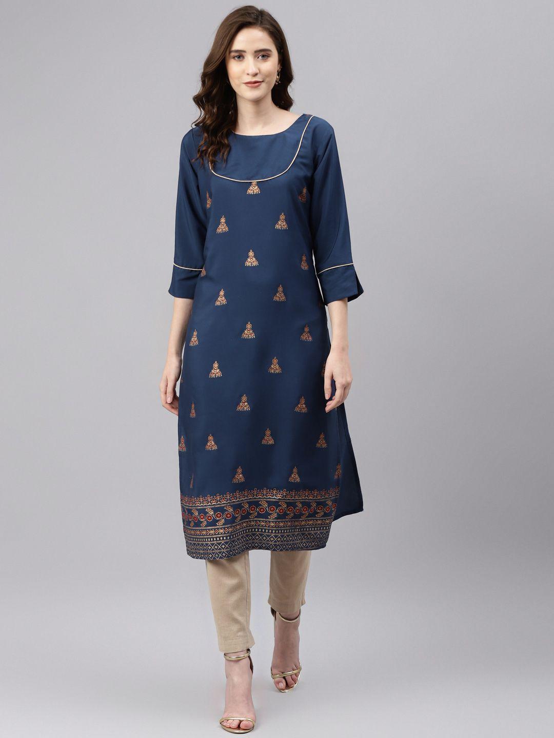 sasimo women navy blue & golden ethnic motifs printed kurta