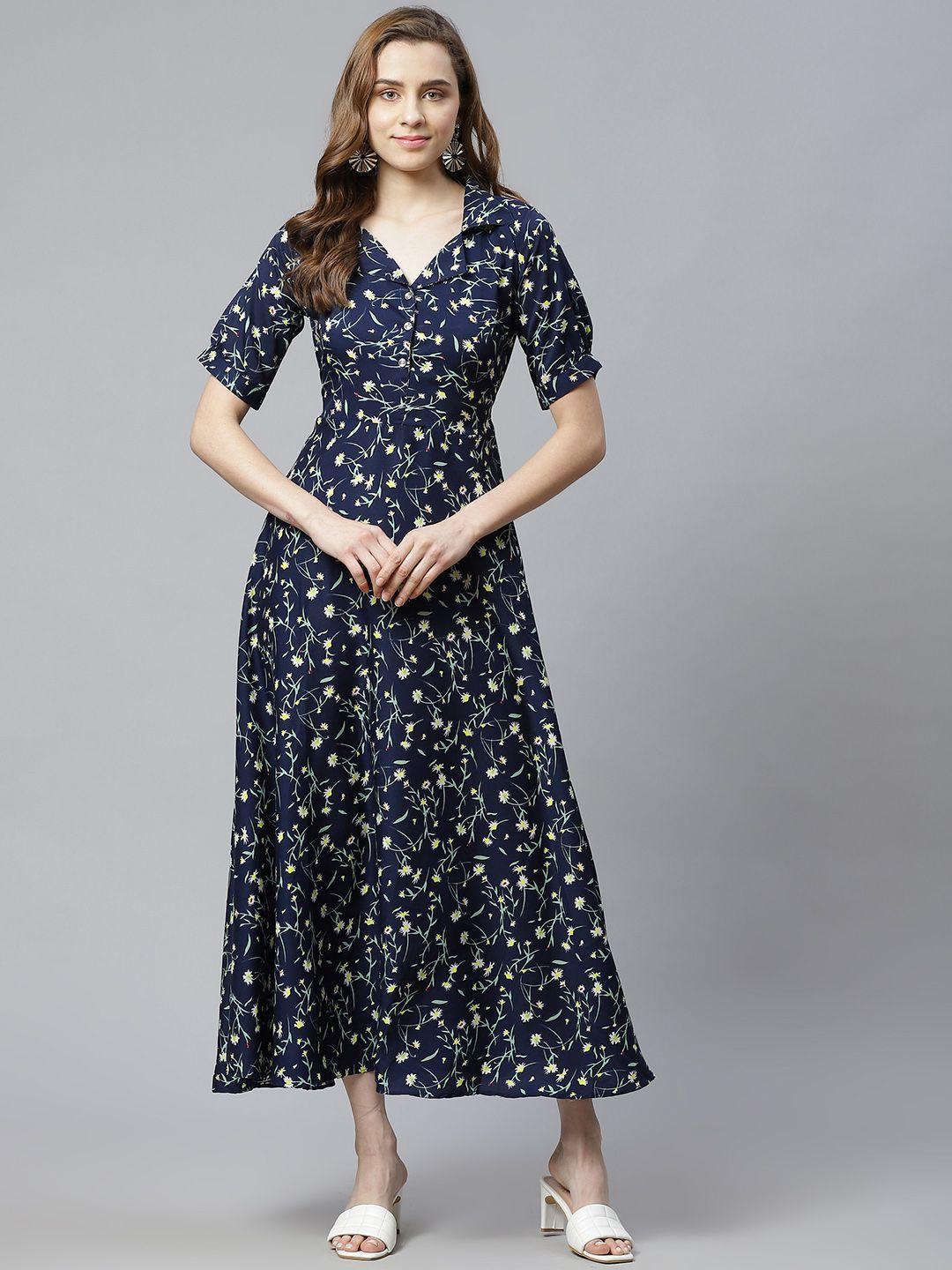 sasimo women navy blue & white floral maxi dress