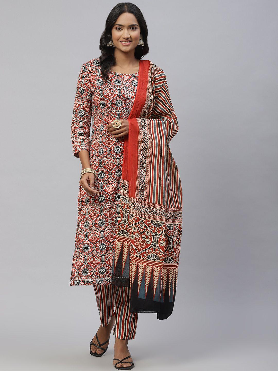 sasimo women orange & black ethnic motifs printed gotta patti kurta set