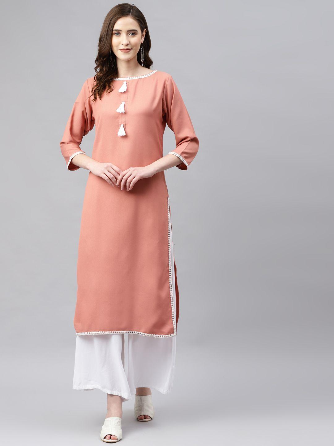 sasimo women peach-coloured solid kurta with tassel detail