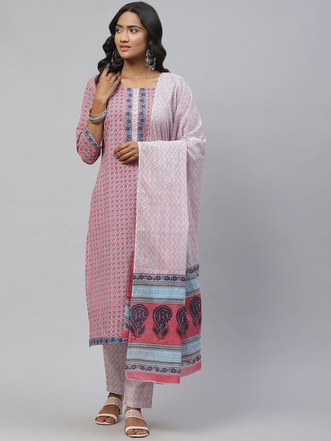 sasimo women pink & blue ethnic motifs printed gotta patti pure cotton kurta set