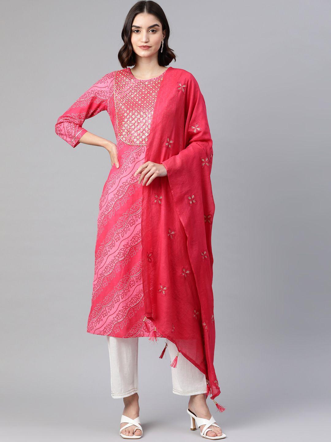 sasimo women pink & red bandhani printed sequinned cotton kurta with trousers & dupatta