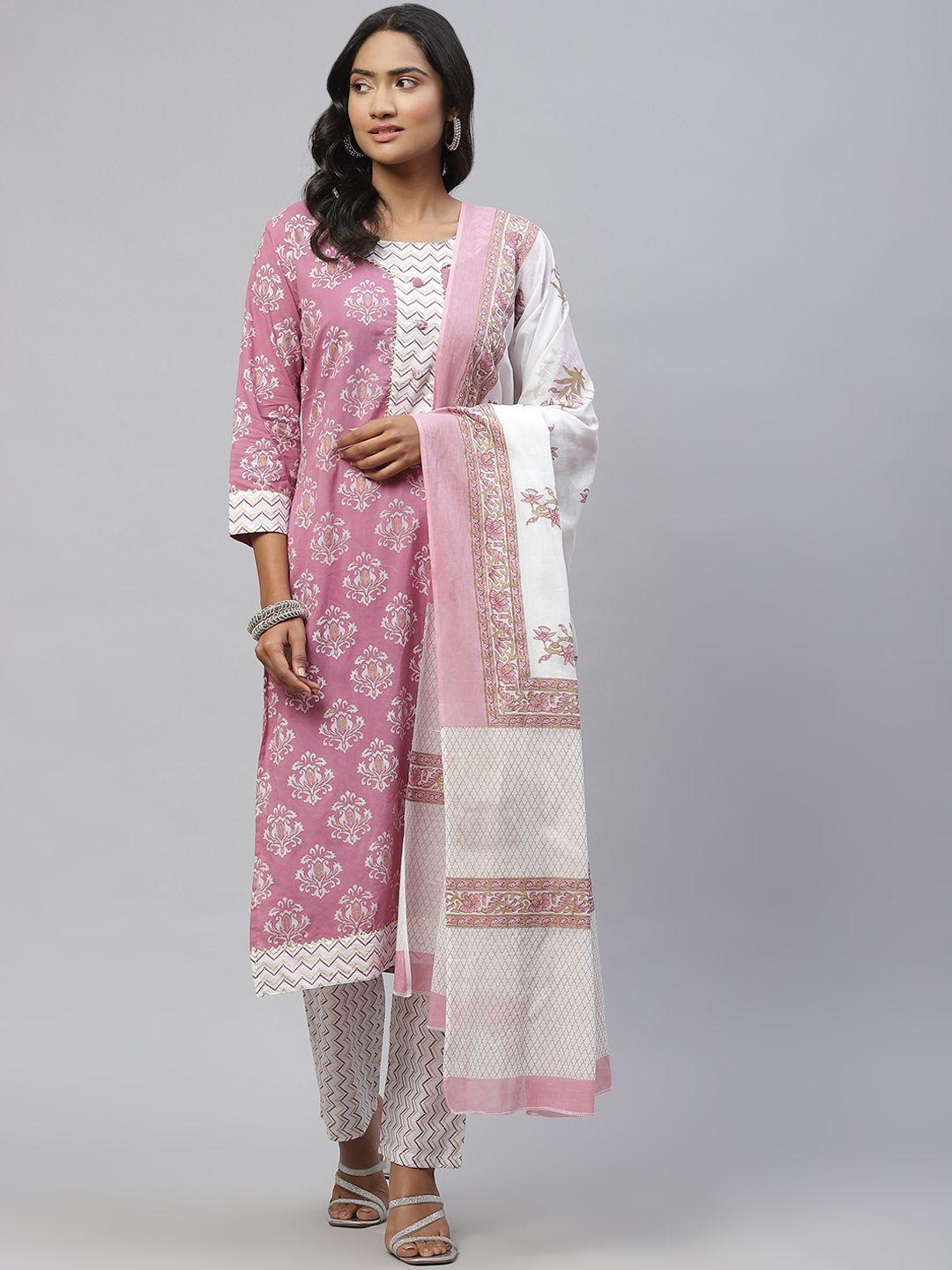 sasimo women pink & white ethnic motifs printed pure cotton kurta set