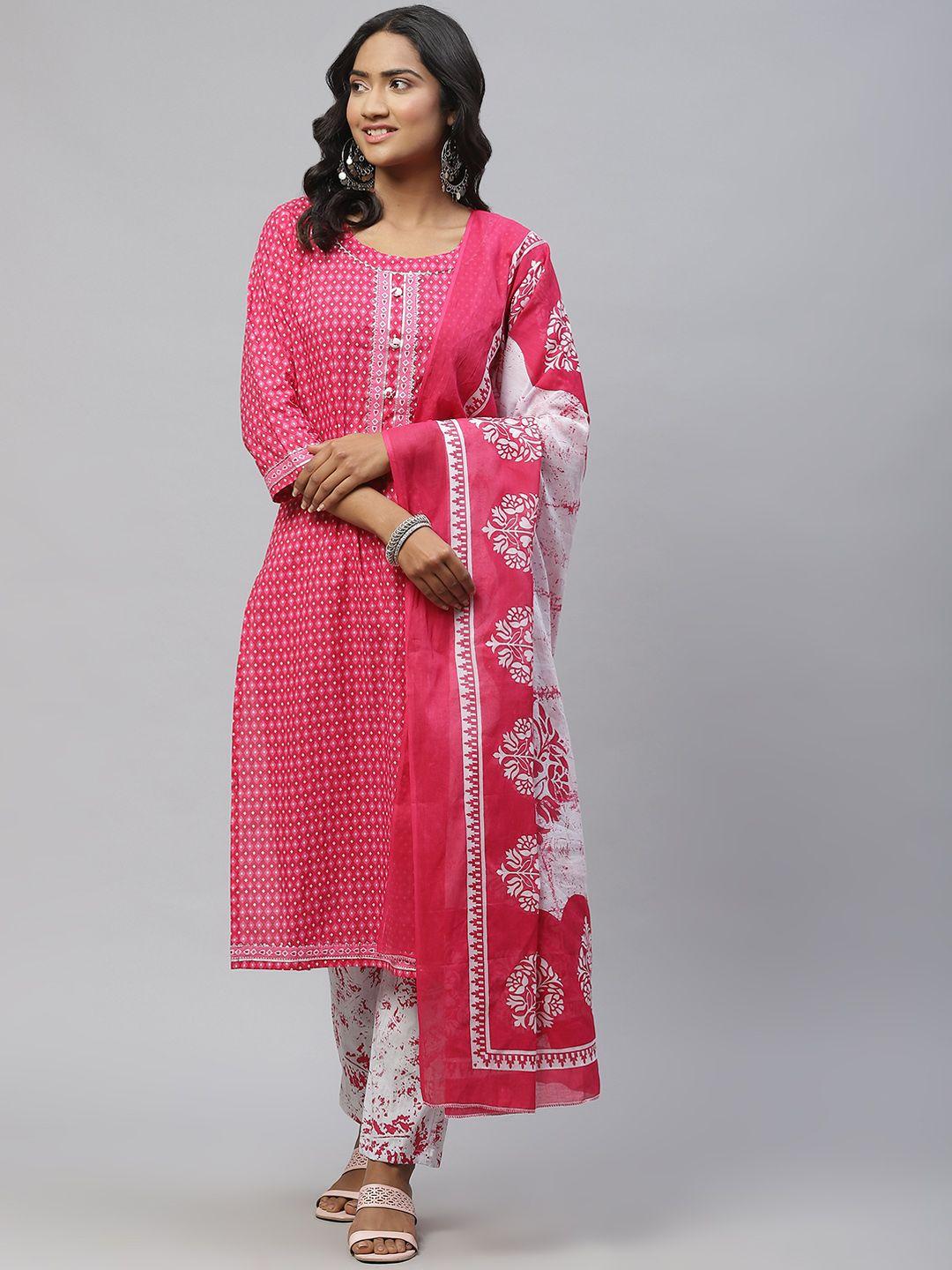 sasimo women pink & white printed gotta patti pure cotton kurta set