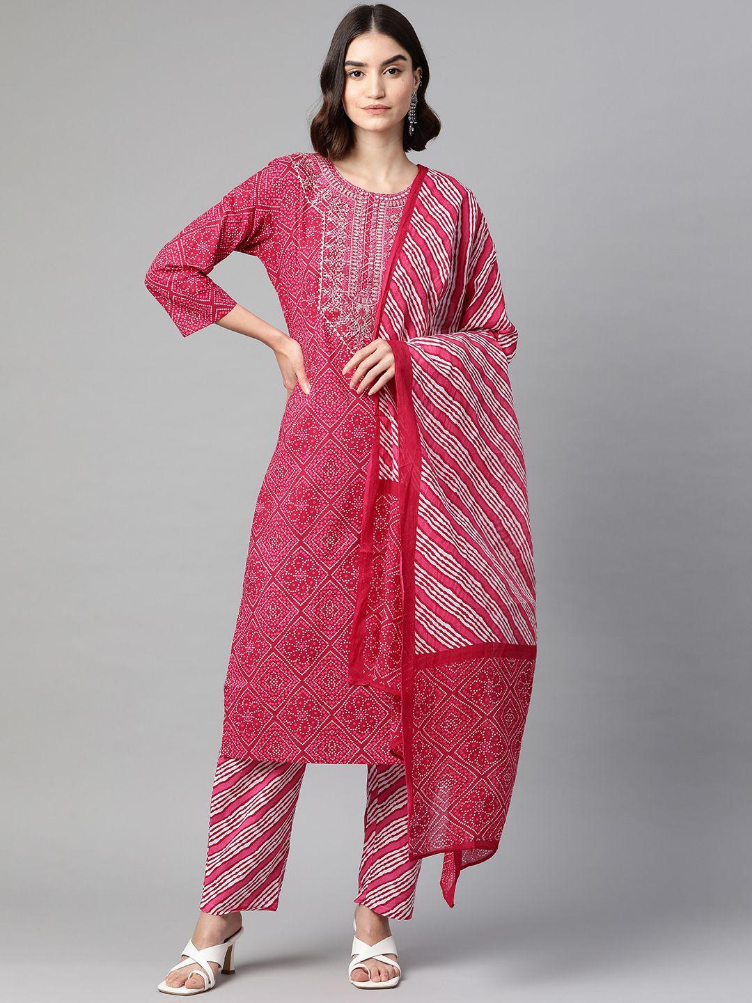 sasimo women pink bandhani colourblocked gotta patti pure cotton kurta with trousers & with dupatta