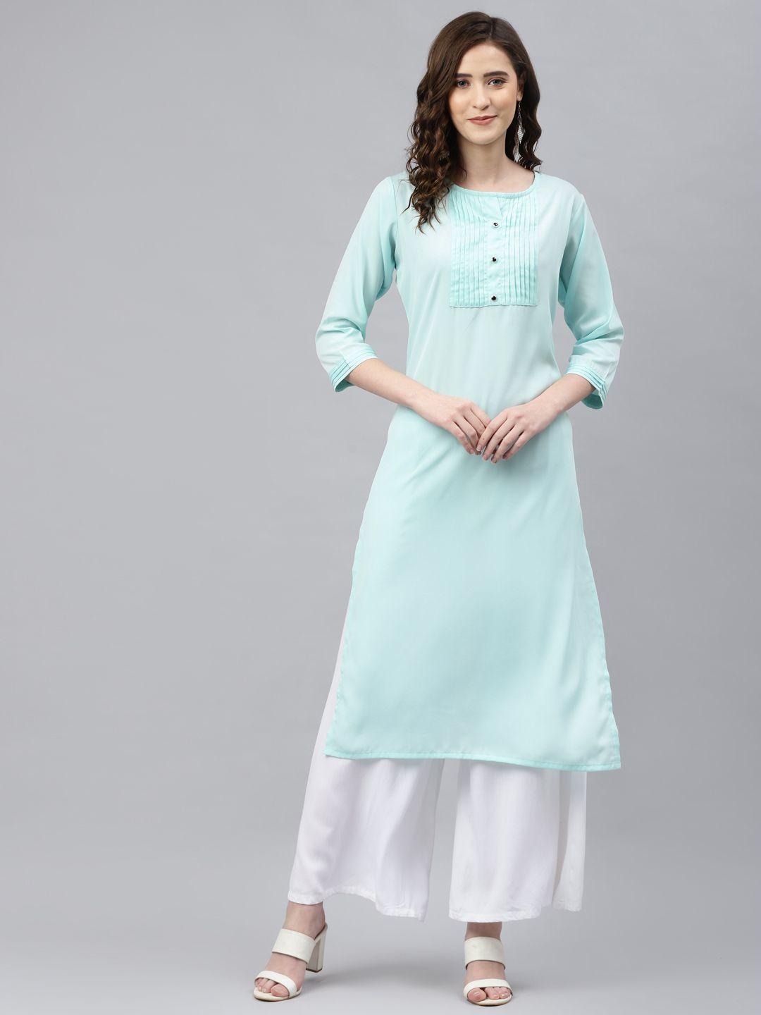 sasimo women sea green solid kurta with pleated detail