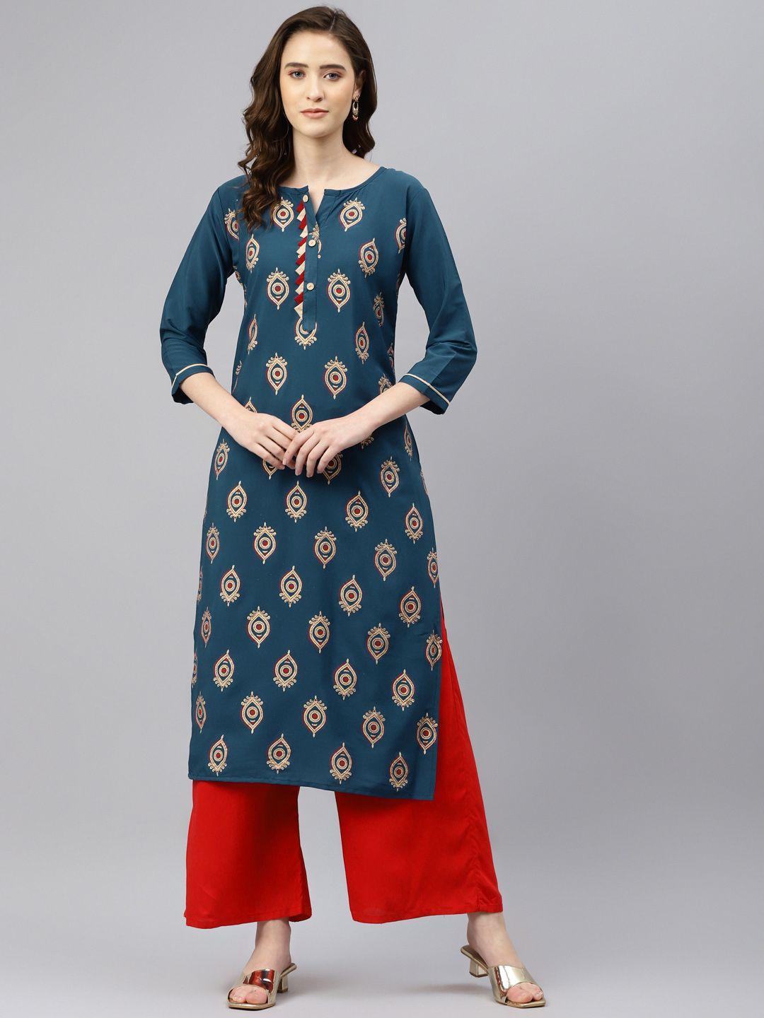 sasimo women teal & golden ethnic motifs printed kurta