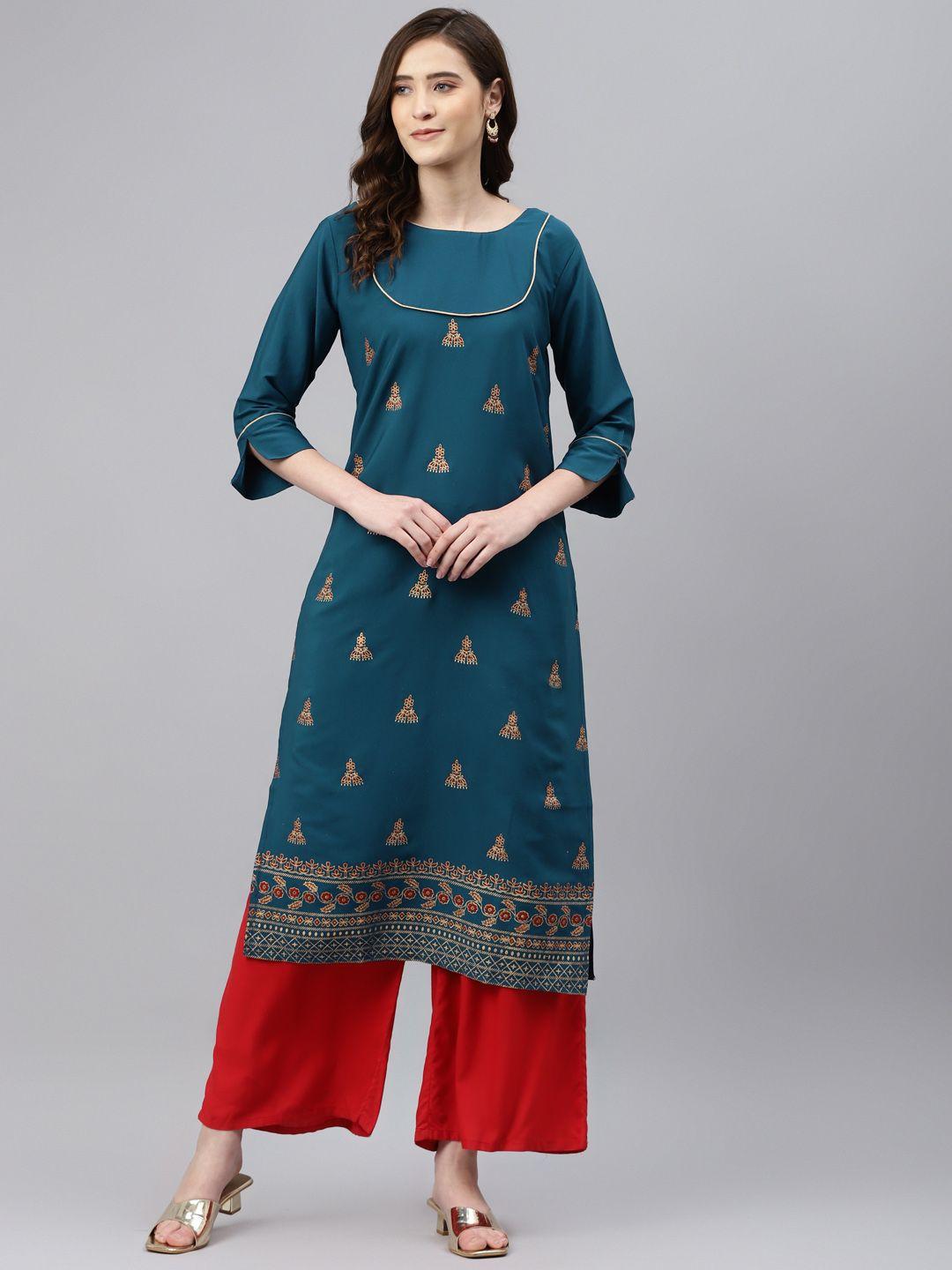 sasimo women teal blue & golden ethnic motifs printed kurta