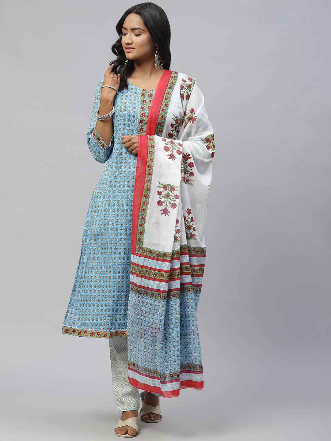 sasimo women turquoise blue floral dyed gotta patti pure cotton kurta with trousers & with dupatta