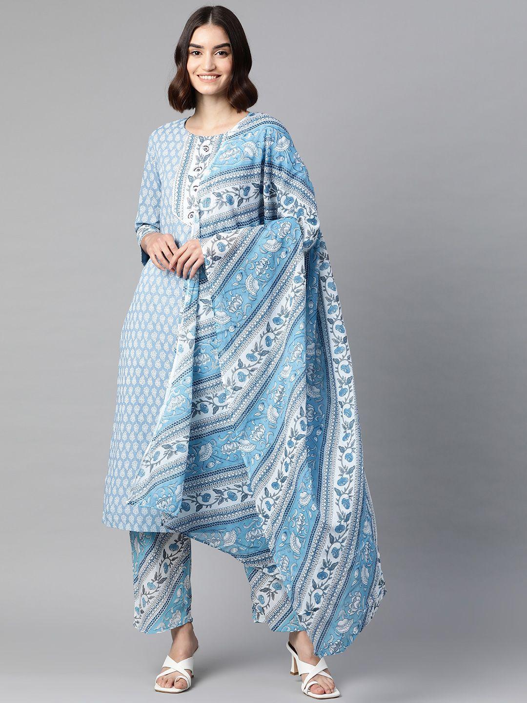 sasimo women turquoise blue floral dyed phulkari pure cotton kurta with trousers & with dupatta