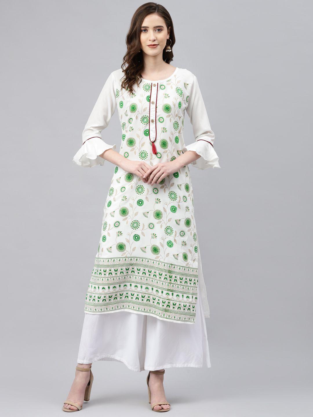 sasimo women white & green ethnic motifs printed thread work kurta