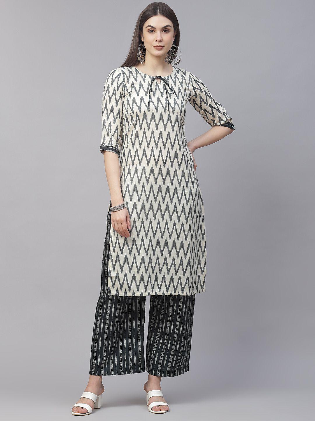 sasimo women white & green printed kurta with palazzos