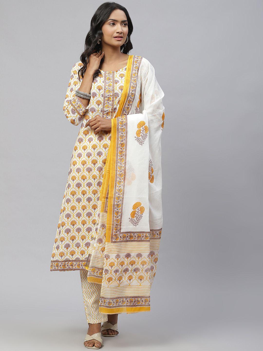 sasimo women white & yellow ethnic motifs printed gotta patti pure cotton kurta set