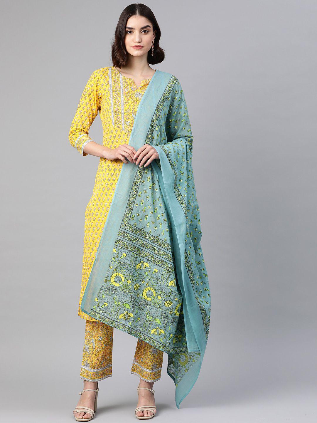 sasimo women yellow & blue floral printed sequinned cotton kurta with trousers & dupatta