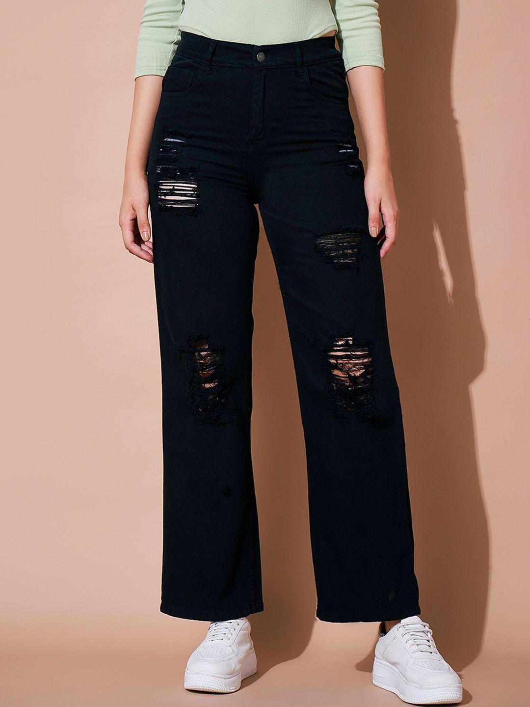 sassafras basics women black straight fit high-rise mildly distressed jeans