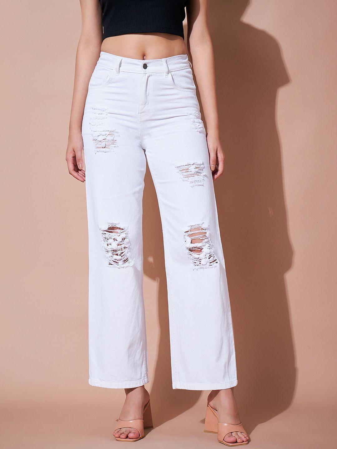 sassafras basics women white straight fit high-rise mildly distressed jeans