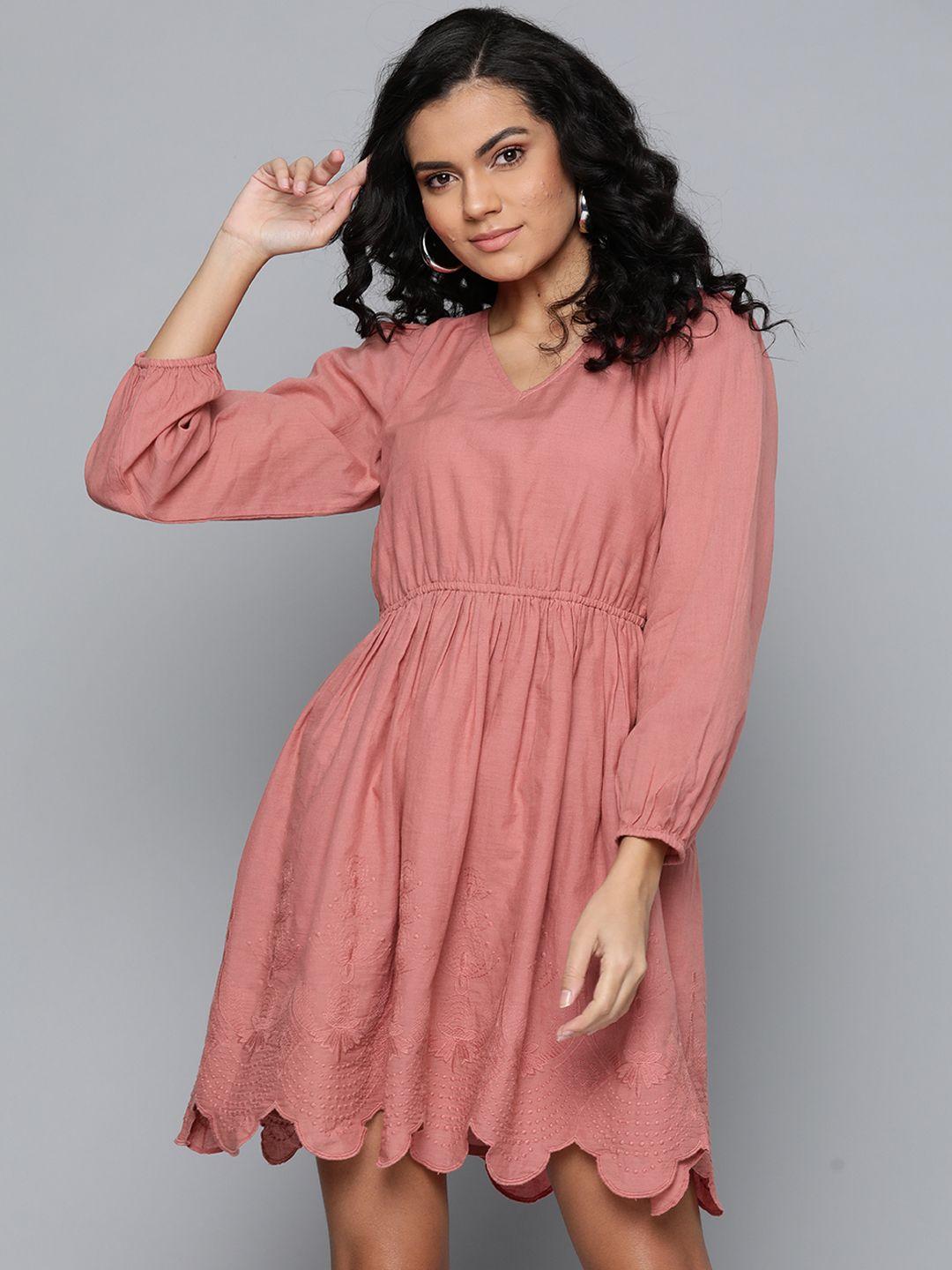 sassafras blush pink ethnic motifs embroidered pure cotton fit & flare dress