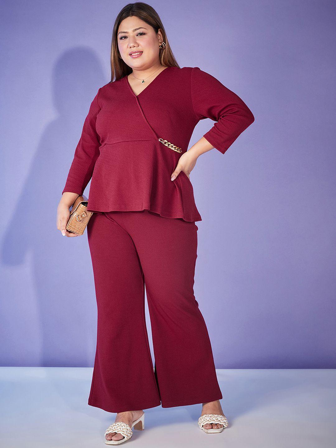 sassafras curve maroon plus size embellished top with trouser co-ords